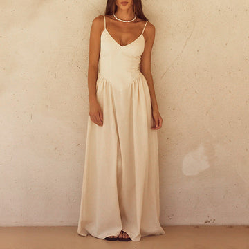 Women's Flowing Spaghetti Strap Maxi Dress - V-Neck Summer Casual