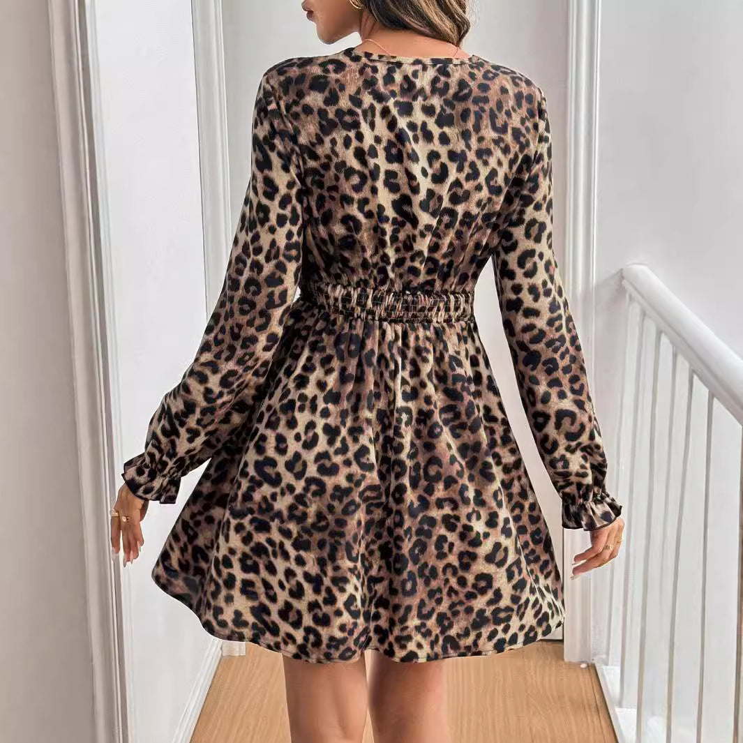 Women's Brown Leopard Print V-Neck Lace Patchwork A-Line Dress - Elegant