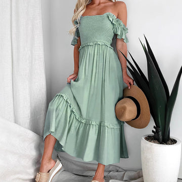Women's Green Tiered Smocked Midi Dress - Ruffle Details, Flowy & Versatile