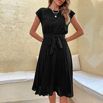 Women's Pleated A-Line Dress - Adjustable Tie Waist Midi Style