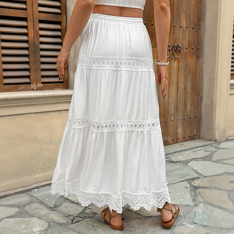 Women's White Tiered Maxi Skirt - Adjustable Drawstring, Flowy Summer