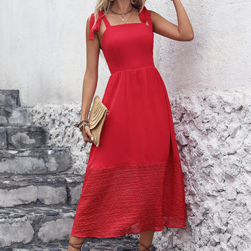 Women's Red Square Neck Midi Dress - Elegant Tie Strap Comfort