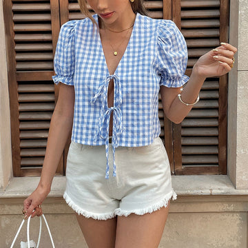 Women's Blue Checkered Puff Sleeve Crop Top - Tie-Front Summer Style