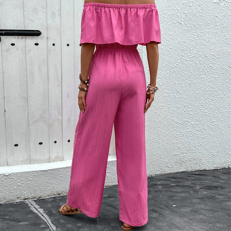 Women's Pink Off-Shoulder Wide-Leg Jumpsuit - Breathable Summer Style