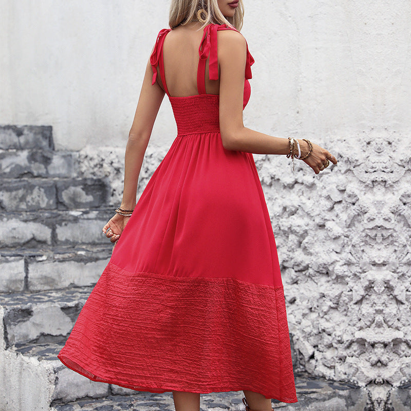 Women's Red Square Neck Midi Dress - Elegant Tie Strap Comfort
