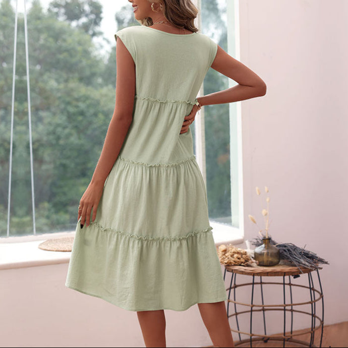 Women's Green Tiered Midi Dress - Ruffle Strap, Flowy Summer