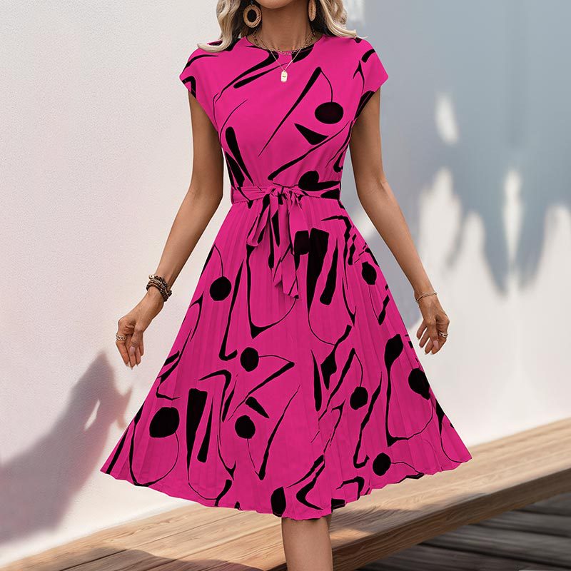 Women's A-Line Pleated Dress - Abstract Print Tie Waist Style