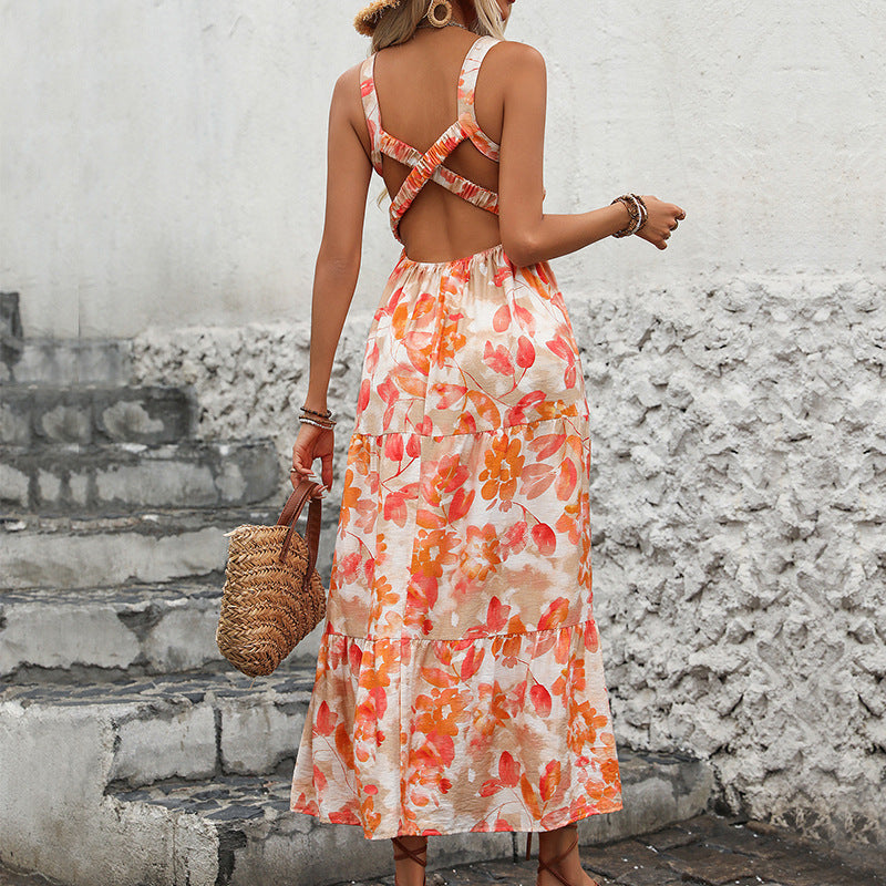 Women's Light Orange Tiered Floral Midi Dress - Spaghetti Straps, Flowy Summer