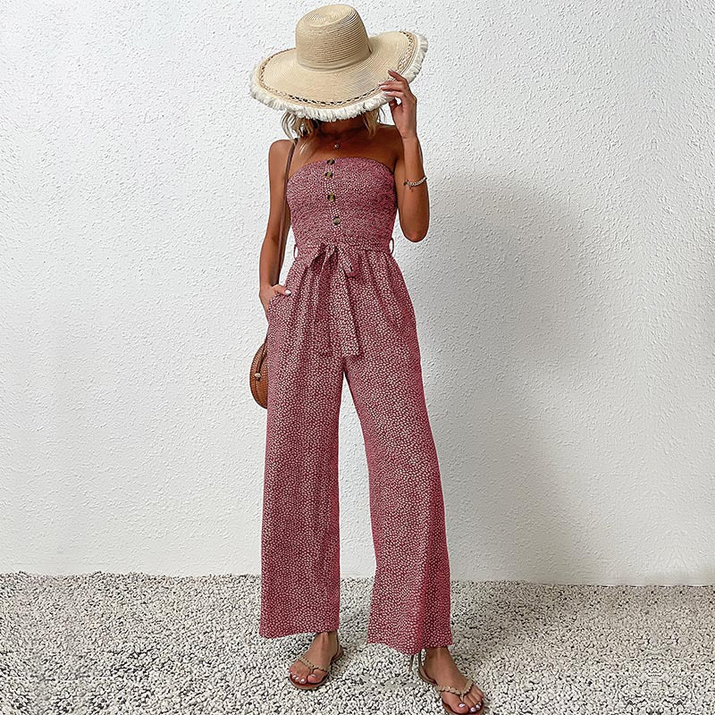Women's Strapless Wide-Leg Jumpsuit - Button Details, Comfortable Summer