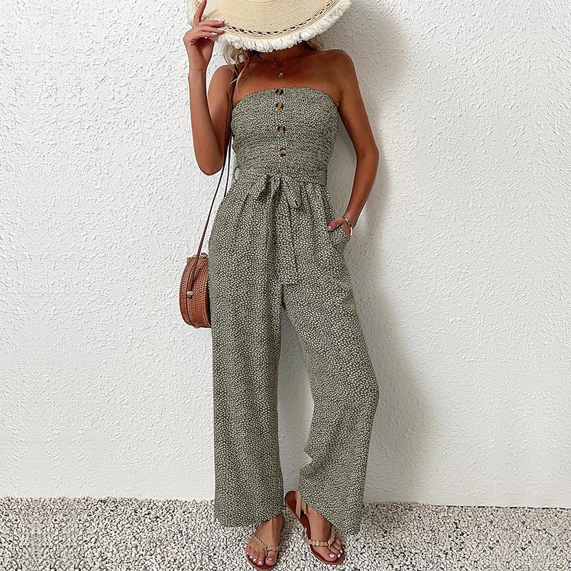 Women's Strapless Wide-Leg Jumpsuit - Button Details, Comfortable Summer