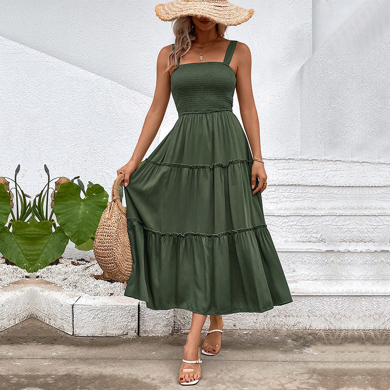 Women's Tiered Midi Dress - Ruched Bodice, Versatile Summer