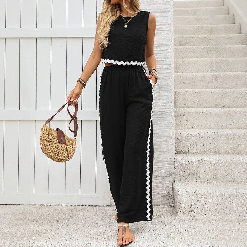 Women's Black Crop Top & Palazzo Pants Set - Wide Leg, Comfortable Summer