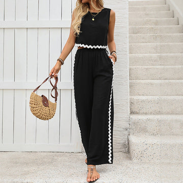 Women's Black Crop Top & Palazzo Pants Set - Wide Leg, Comfortable Summer
