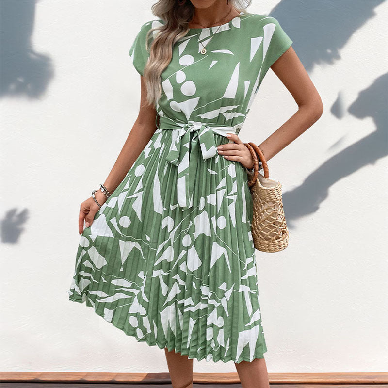 Women's A-Line Pleated Dress - Abstract Print Tie Waist Style