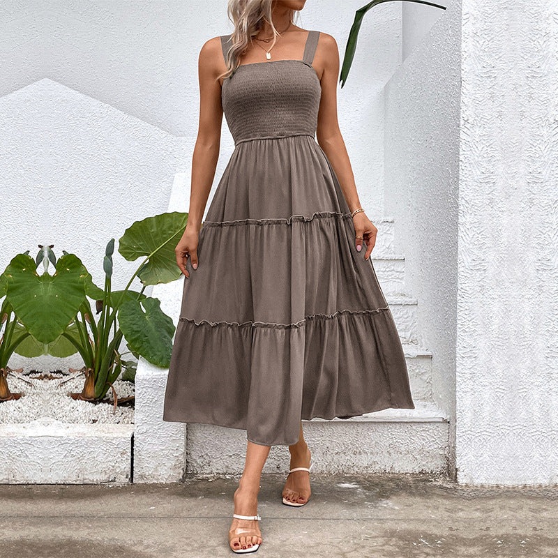 Women's Tiered Midi Dress - Ruched Bodice, Versatile Summer
