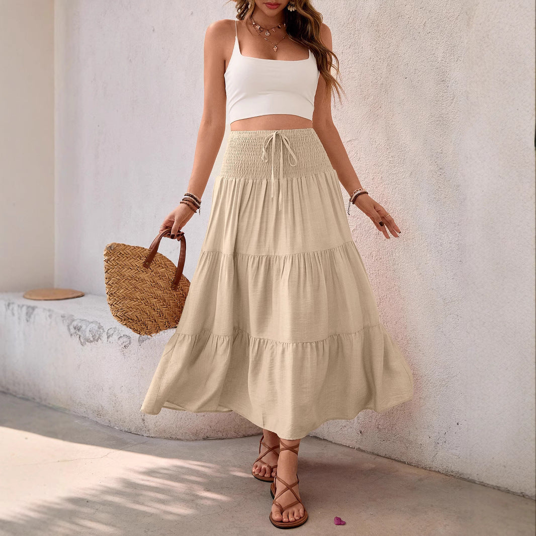 Women's Khaki Tiered Midi Skirt - Adjustable Drawstring, Flattering & Versatile