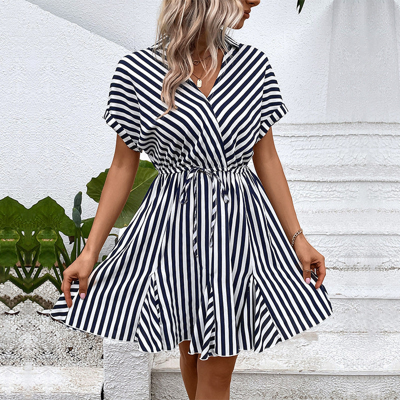 Women's Dark Blue Striped Wrap Dress - Pockets, Flowy Summer