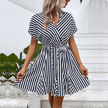 Women's Dark Blue Striped Wrap Dress - Pockets, Flowy Summer