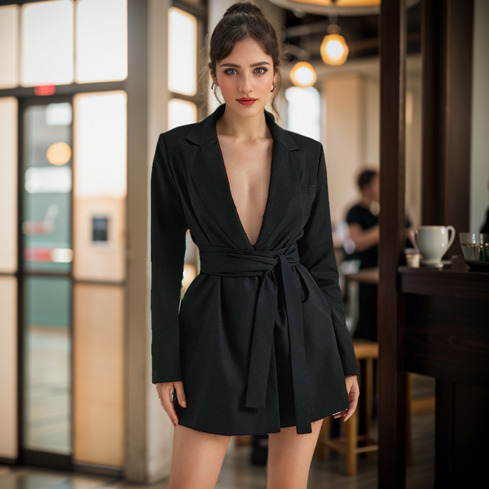 Women's Black Blazer Dress - Deep V-Neck with Tie Waist