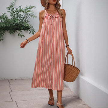 Women's Pink Striped Midi Summer Dress - Adjustable Drawstring Neckline, Flowy & Lightweight