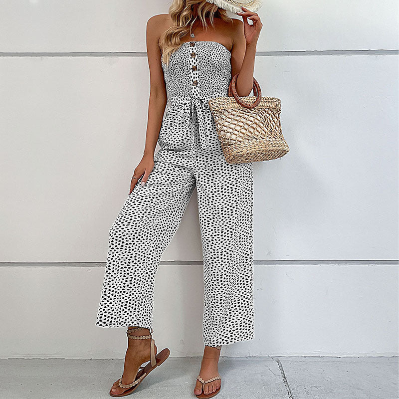 Women's Strapless Wide-Leg Jumpsuit - Button Details, Comfortable Summer