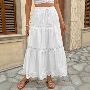Women's White Tiered Maxi Skirt - Adjustable Drawstring, Flowy Summer