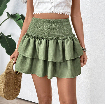 Women's Green Layered Ruffle Mini Skirt - Elastic Waist, Playful Summer
