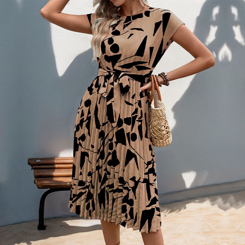 Women's A-Line Pleated Dress - Abstract Print Tie Waist Style