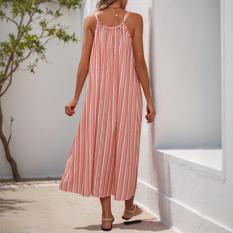 Women's Pink Striped Midi Summer Dress - Adjustable Drawstring Neckline, Flowy & Lightweight