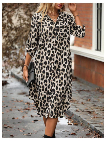 Women's Leopard Print Button-Up Midi Dress - Versatile Casual & Elegant