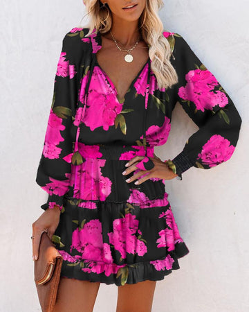 Women's Floral & Leopard Print Tiered Mini Dress - Vibrant Elegant