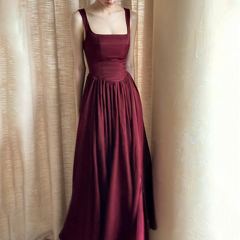 Women's Red Square-Neck A-Line Maxi Dress - Elegant Summer Occasion