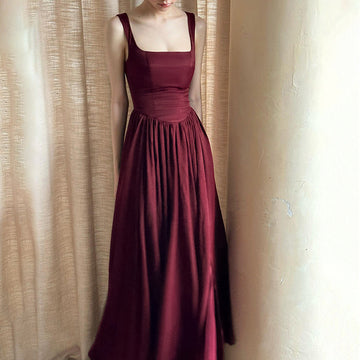Women's Red Square-Neck A-Line Maxi Dress - Elegant Summer Occasion