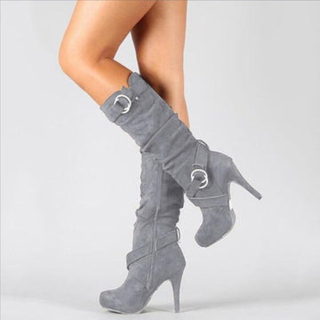 Women's Knee-High Boots - Slouch Shaft with Ring Buckle and High Stiletto Heel