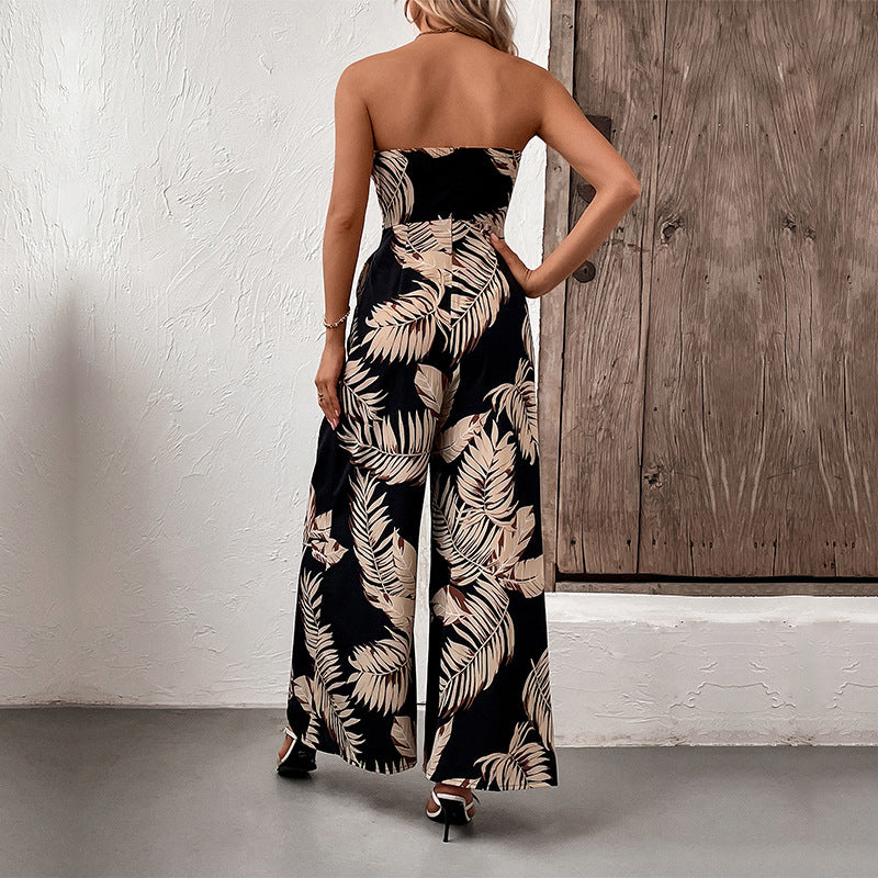 Women's Black Floral Print Strapless Maxi Jumpsuit - Tie Belt