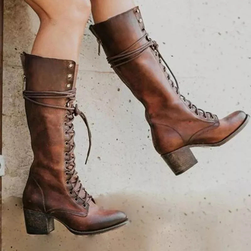 Women's Knee-High Boots - Lace-Up with Side Zip and Mid Block Heel