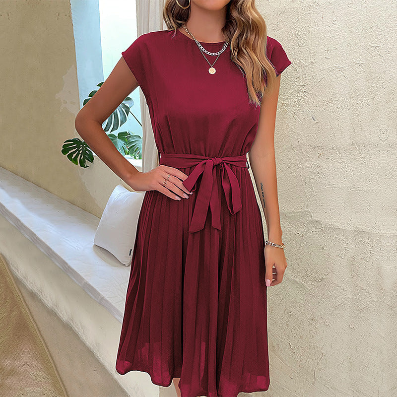 Women's Pleated A-Line Dress - Adjustable Tie Waist Midi Style