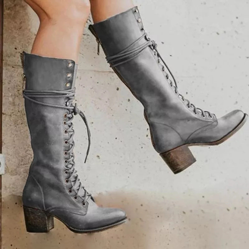 Women's Knee-High Boots - Lace-Up with Side Zip and Mid Block Heel