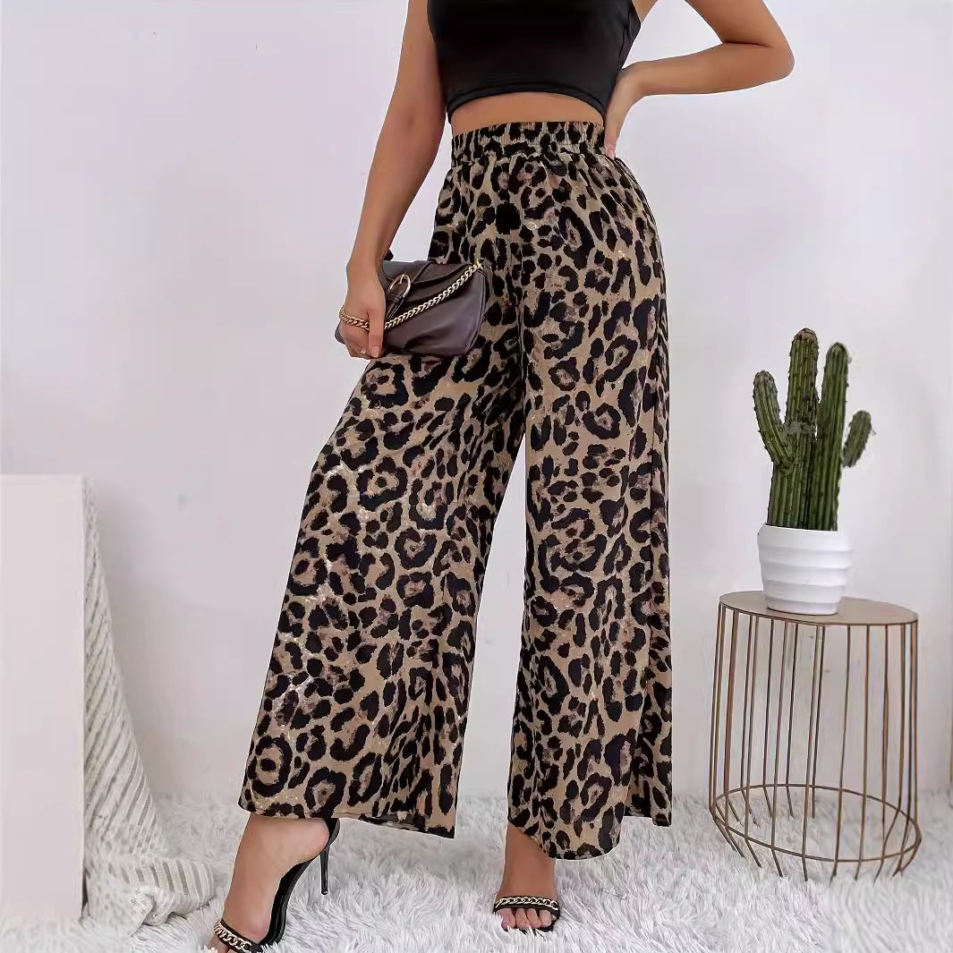 Women's Leopard Print Wide Trousers - Flowing Material Elastic Waist