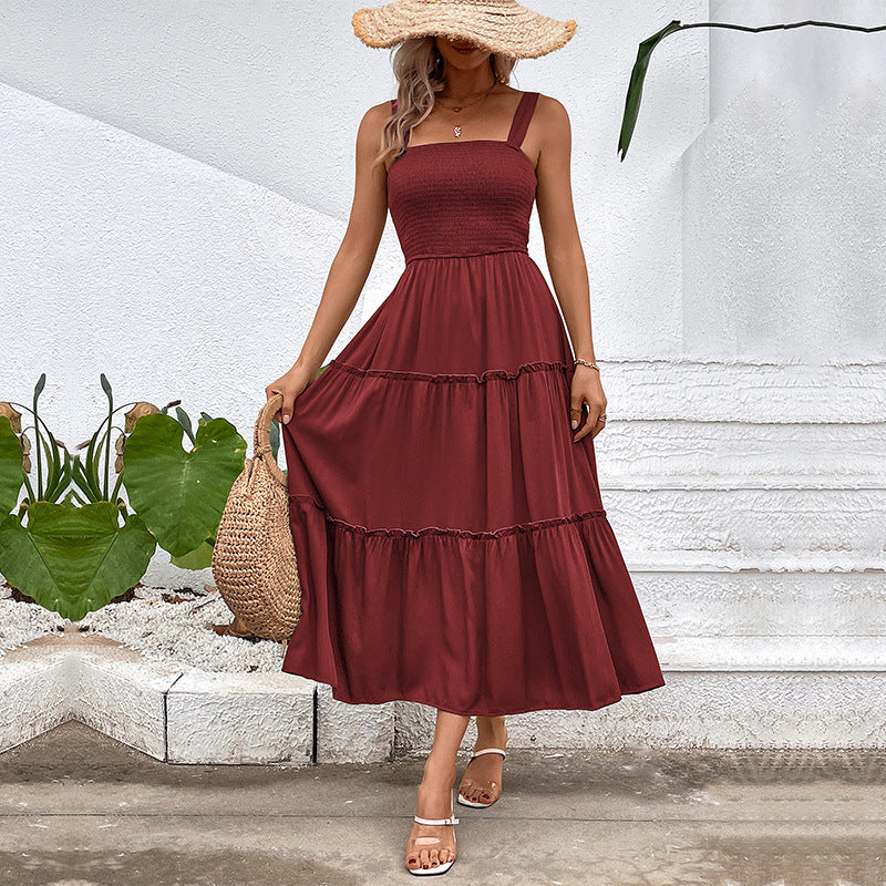 Women's Tiered Midi Dress - Ruched Bodice, Versatile Summer