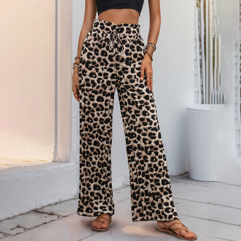 Women's Black Leopard Print Wide-Leg Trousers- Loose Fit, Adjustable Waist