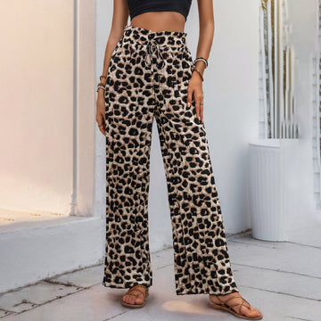Women's Black Leopard Print Wide-Leg Trousers- Loose Fit, Adjustable Waist
