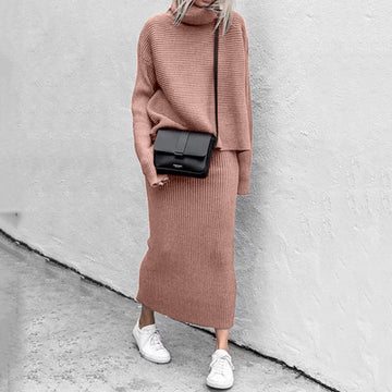 Women's Knitted Co-Ord Set - Roll Neck with Ribbed Knit
