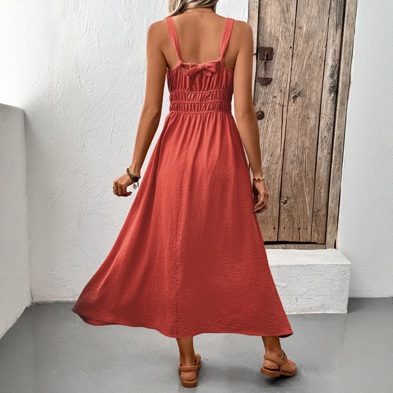 Women's Sleeveless Maxi Dress - Smocked Bodice Elegant Solid Color