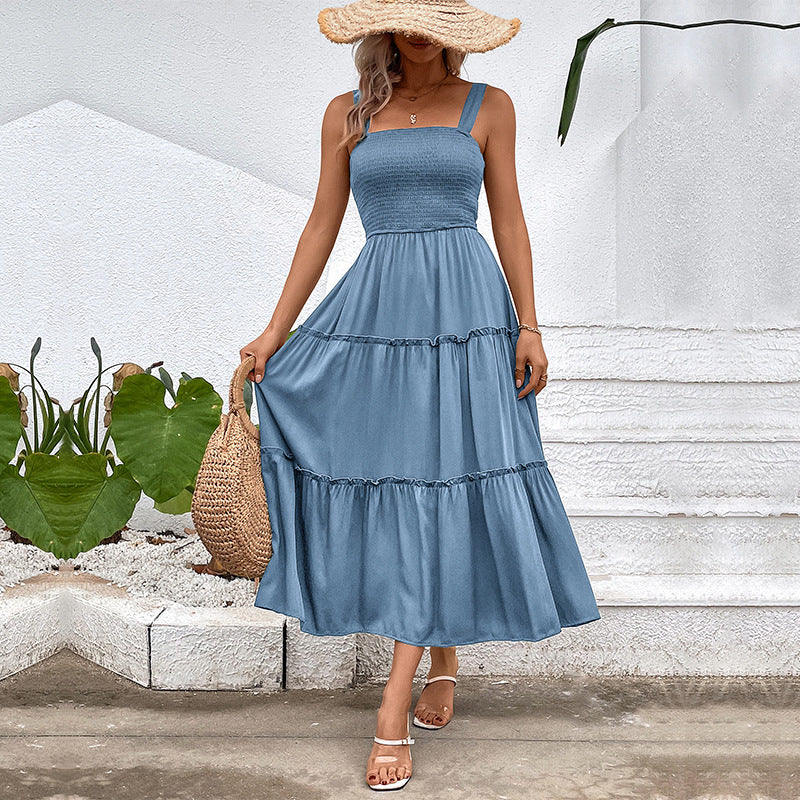 Women's Tiered Midi Dress - Ruched Bodice, Versatile Summer