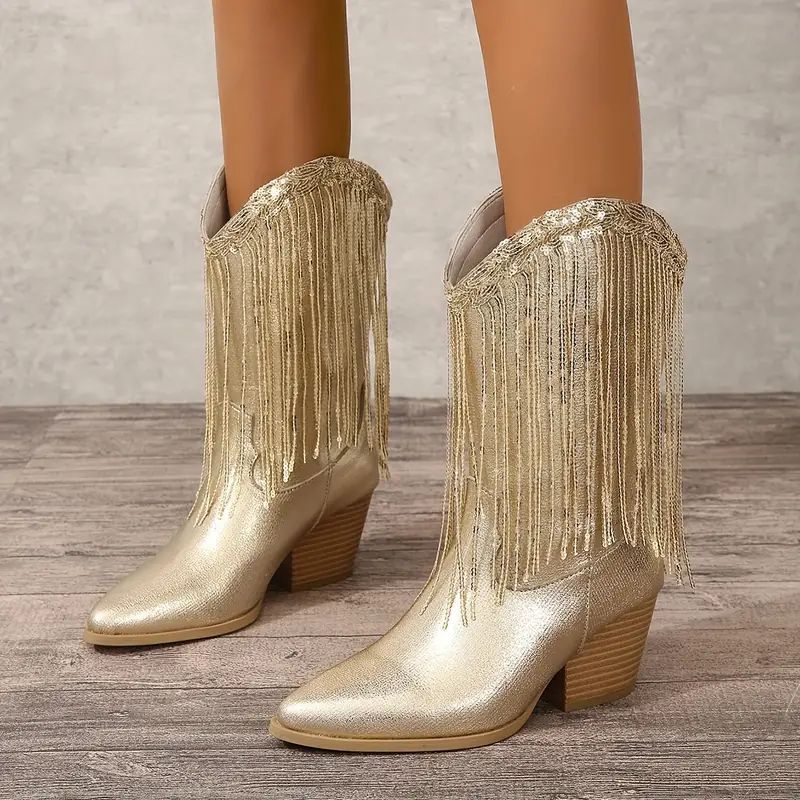 Women's Mid-Calf Cowboy Boots - Sequin & Fringe