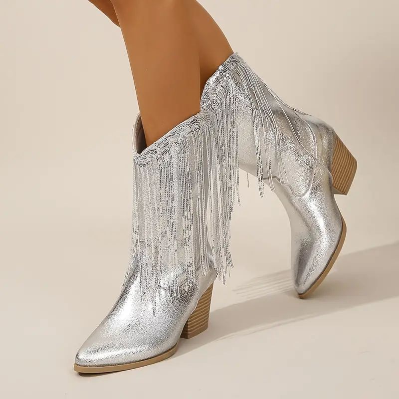 Women's Mid-Calf Cowboy Boots - Sequin & Fringe