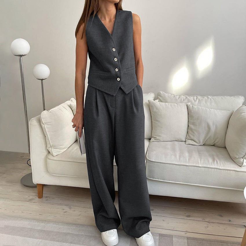 Tailored Buttoned Vest and Wide-Leg Trouser Set for Women