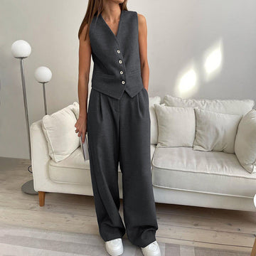 Tailored Buttoned Vest and Wide-Leg Trouser Set for Women