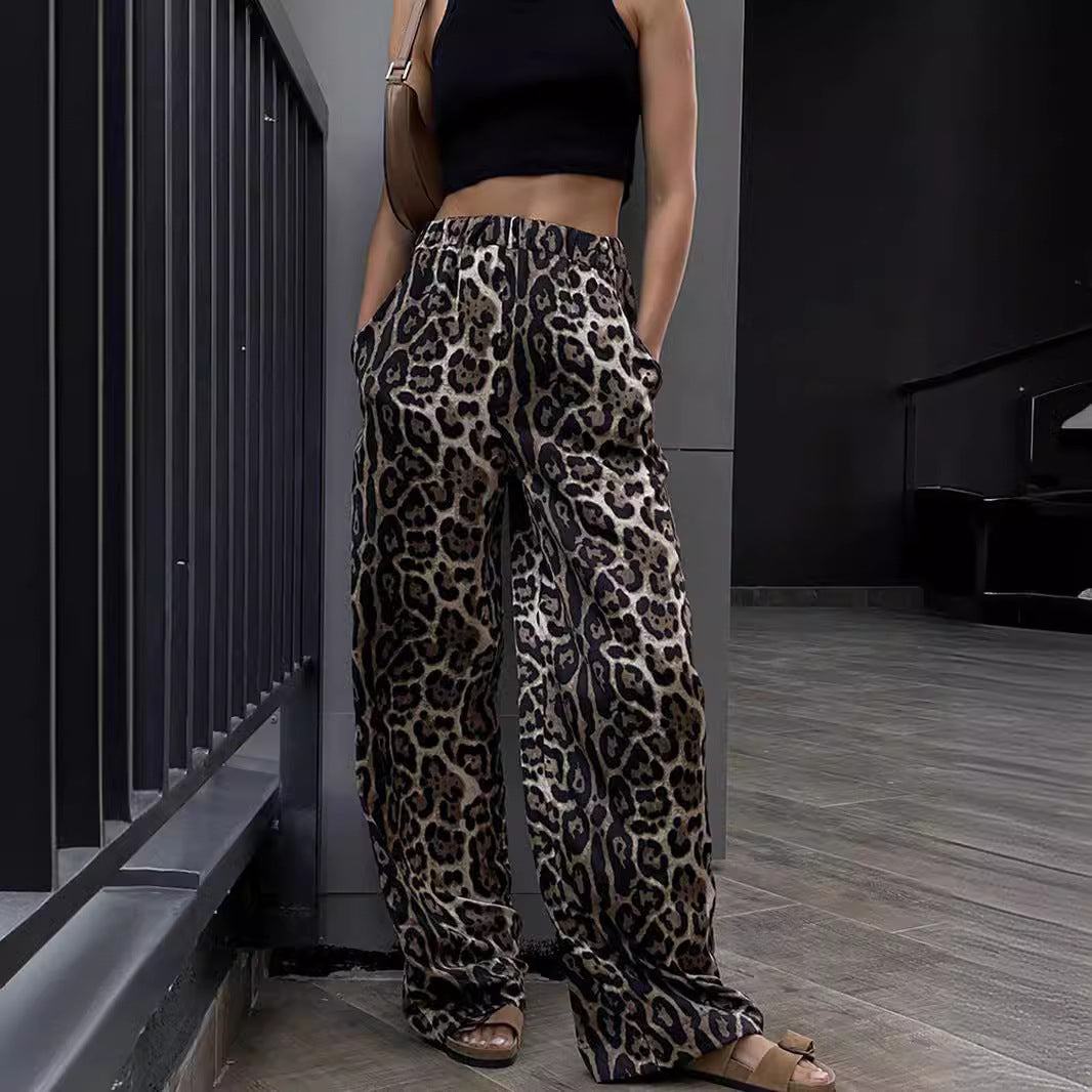 Women's Black Leopard Print Drawstring Trousers - Comfortable Cuffed